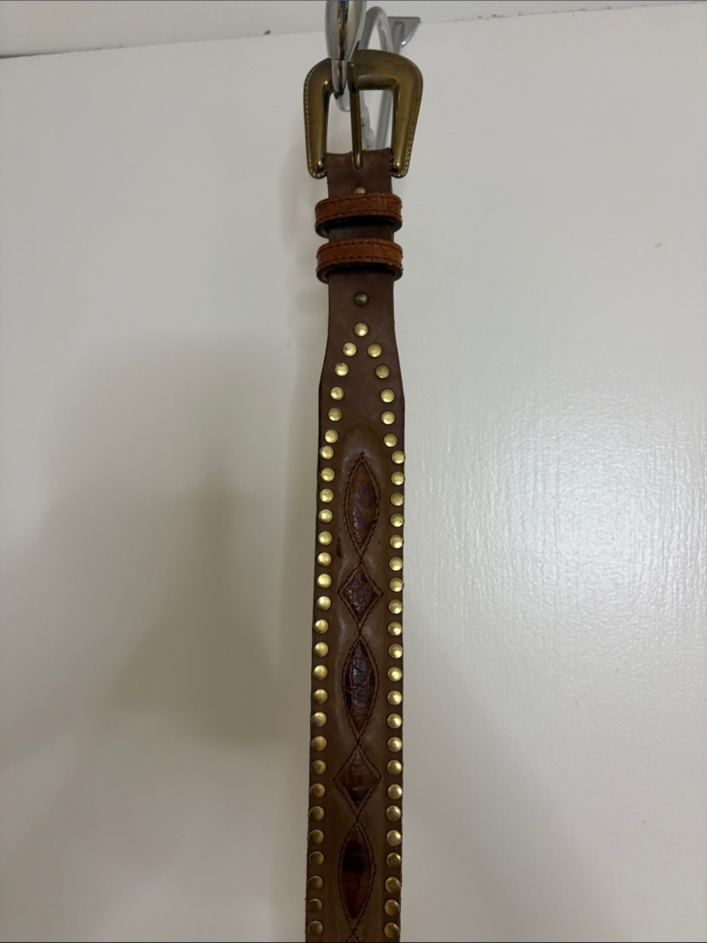 Tan Leather Studded Belt with Brass Buckle